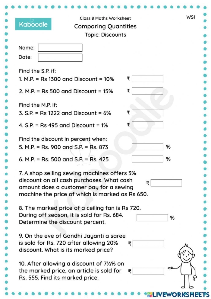 Sixth grade student working through discount calculation problems using percentages and decimals on a worksheet