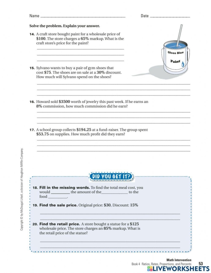 Sixth grade student solving discount calculation problems using percentages and decimals on a math worksheet