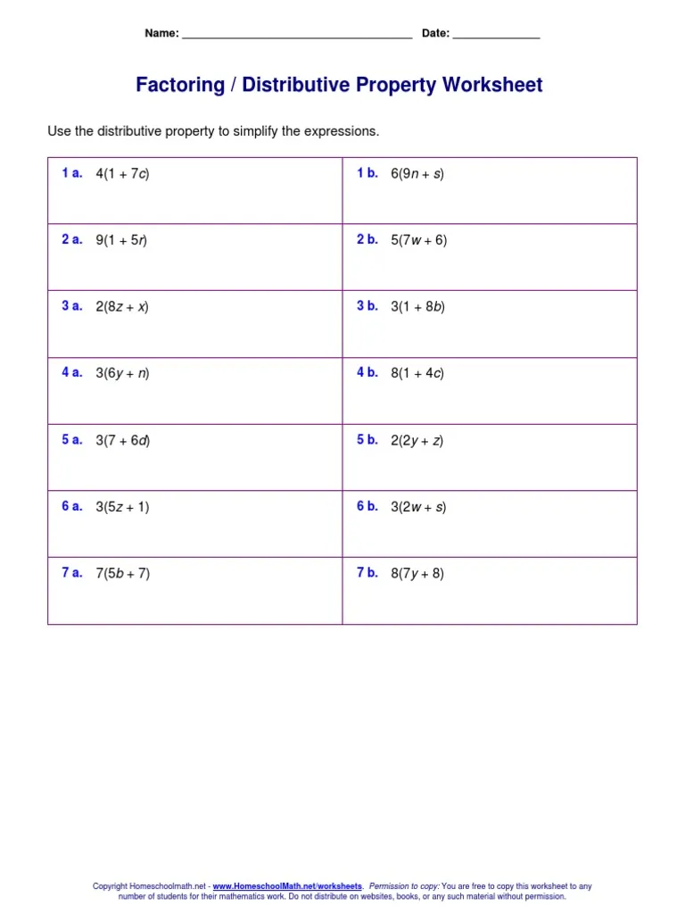 Sixth grade math worksheet for factoring expressions using the distributive property