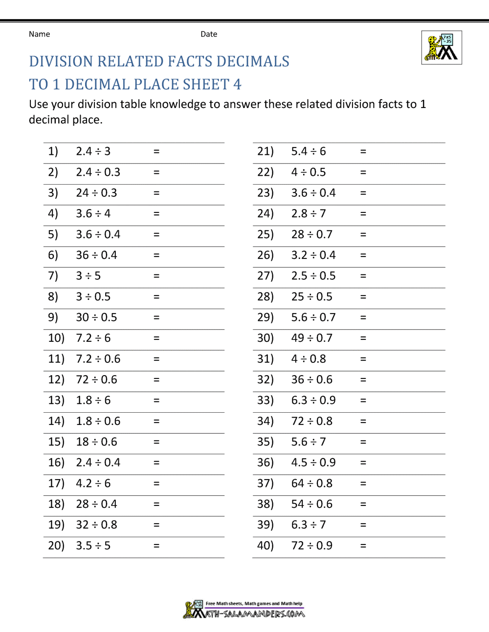 Division With Decimals Math Worksheet 5 Sixth grade life science worksheet featuring division with decimals problems for students