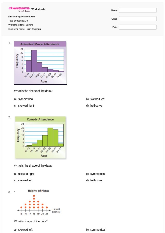 Worksheet for sixth graders analyzing distributions in dot plots