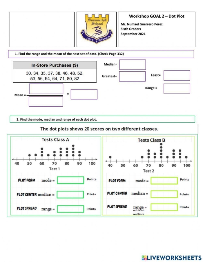 Engaging math exercise on creating dot plots from data sets Dot Plots worksheet for sixth graders featuring real-life data scenarios