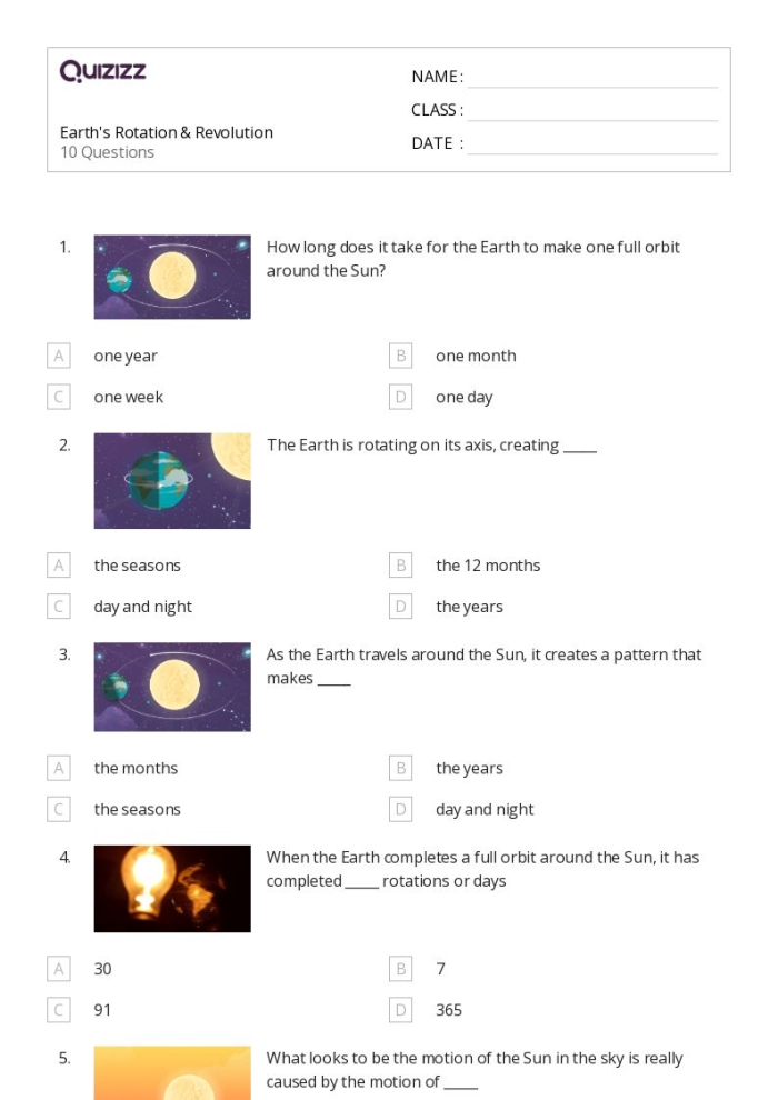 Sixth grade students practicing concepts about Earth’s rotation and revolution on a science worksheet