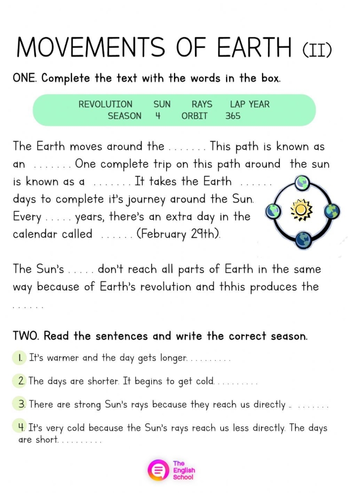 A sixth-grade worksheet exploring Earth's rotation and revolution in the solar system