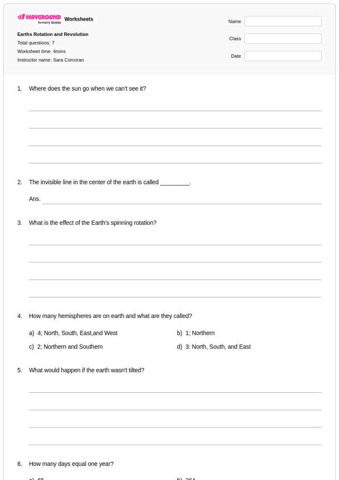Worksheet illustrating Earth's rotation and revolution around the sun for sixth graders