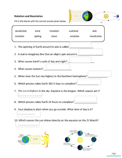 Sixth grade science worksheet covering the mechanics of Earth’s rotation and revolution