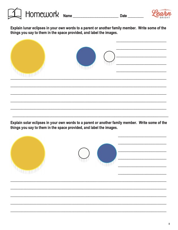 Sixth grade student completing a solar eclipses science worksheet with questions about the moon blocking the sun