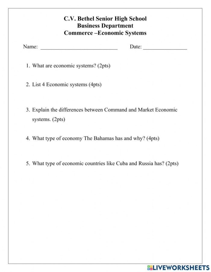 Sixth grade students working on an Exploring Economic Systems worksheet covering traditional market command and mixed economies