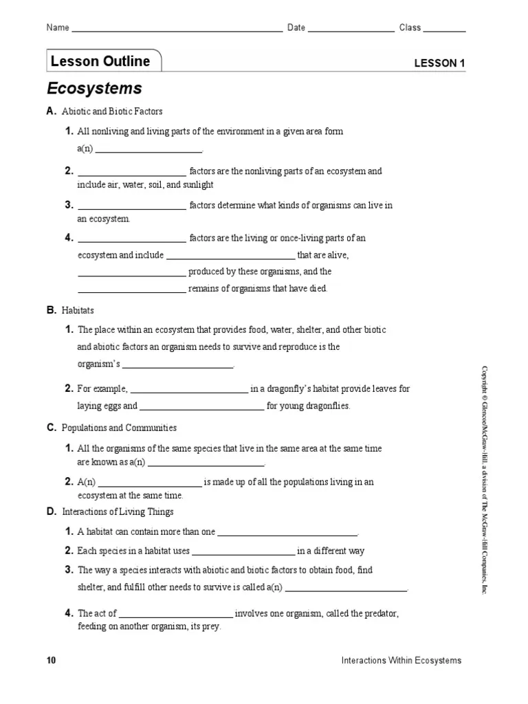 Sixth grade science worksheet featuring diagrams and questions about how organisms interact within their ecosystems