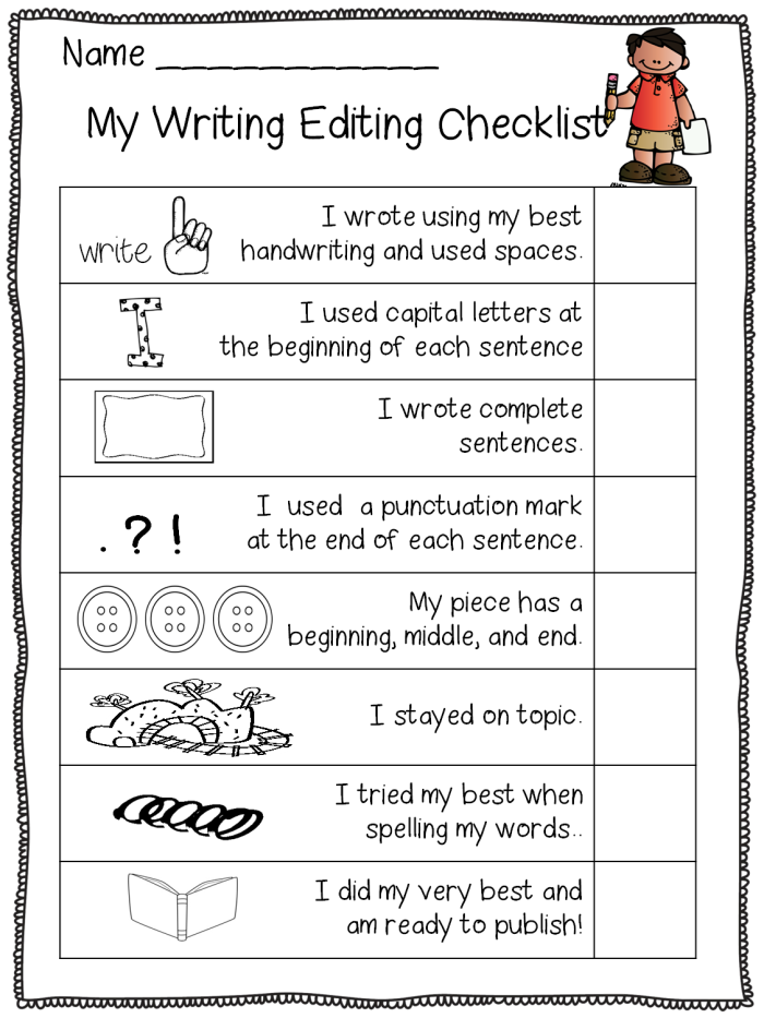 Sixth grade student using an editing checklist worksheet to review grammar mechanics and writing style