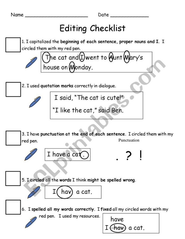 Sixth grade algebra student using an editing checklist worksheet to review grammar and mechanics