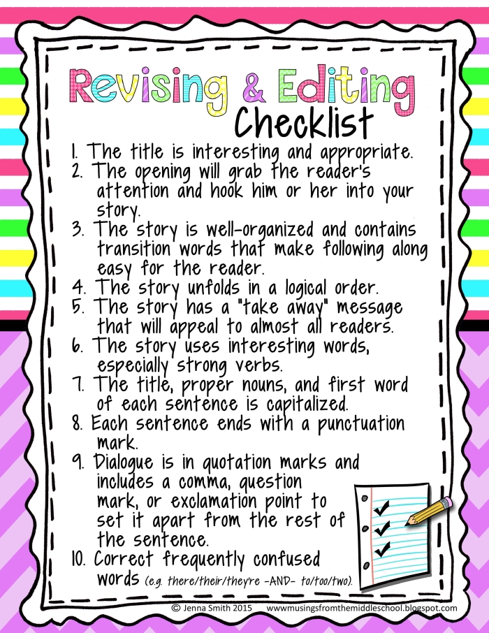 Sixth grade student using an editing checklist worksheet to review grammar mechanics and style in their algebra writing assignment