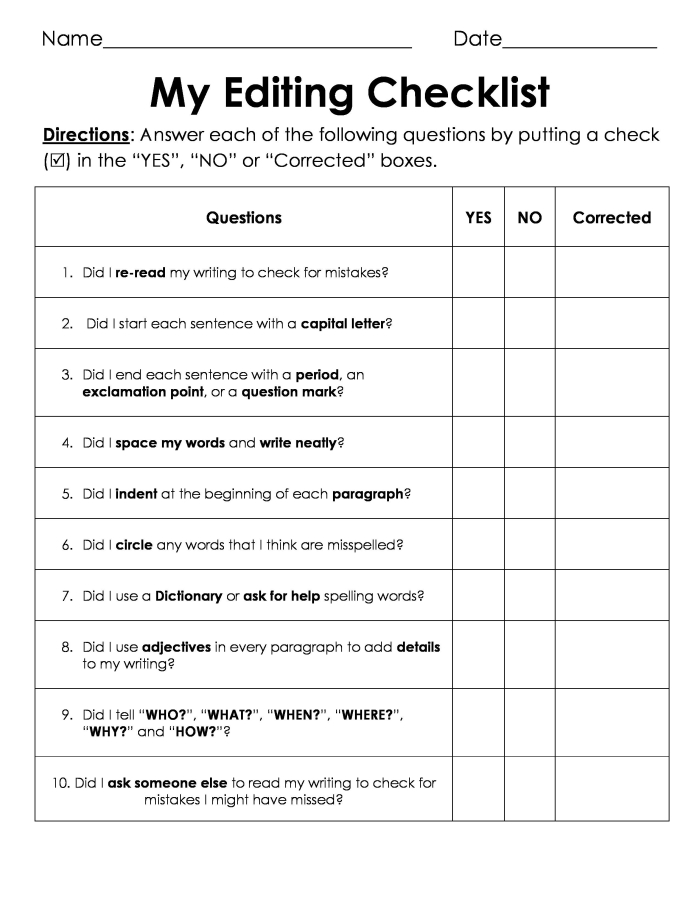 Sixth grade students using an editing checklist worksheet to improve grammar and writing mechanics