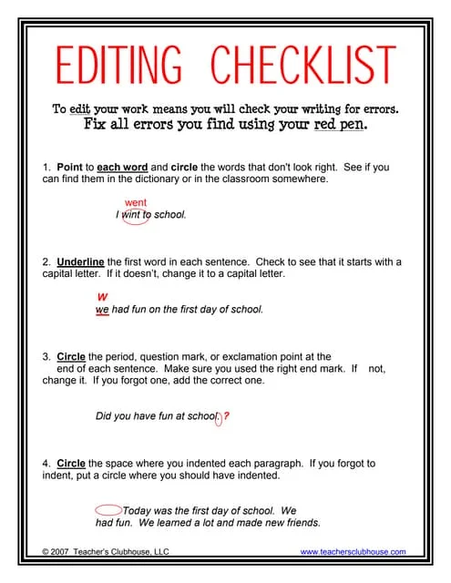Sixth grade student using an editing checklist worksheet to review grammar mechanics and writing style