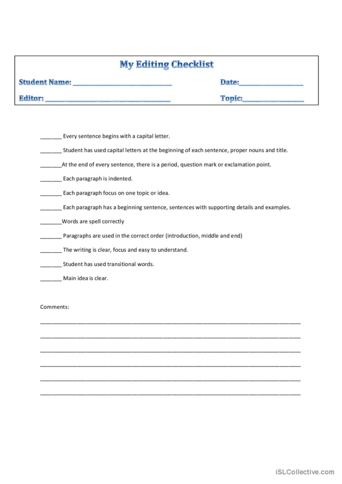 A sixth grade student using an editing checklist worksheet to review grammar, mechanics, and style in their algebra writing assignment