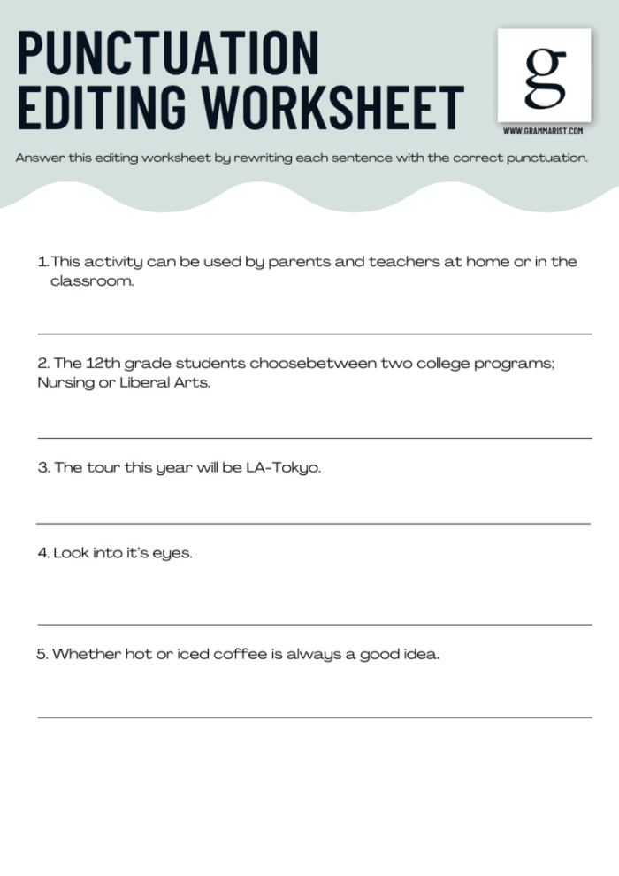 Sixth grade student completing a grammar and copyediting practice worksheet
