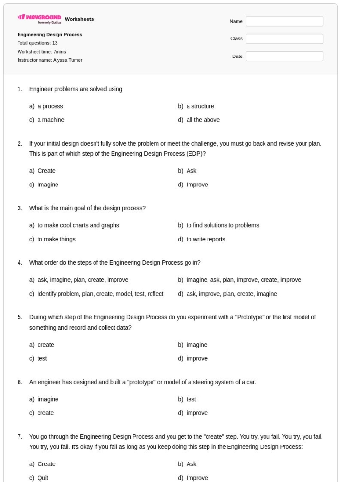 Engineering Design Process Part 1 Define the Problem Worksheet Image 12 Sixth grade worksheet showing engineering design process step one with graphic organizer prompts for defining problems