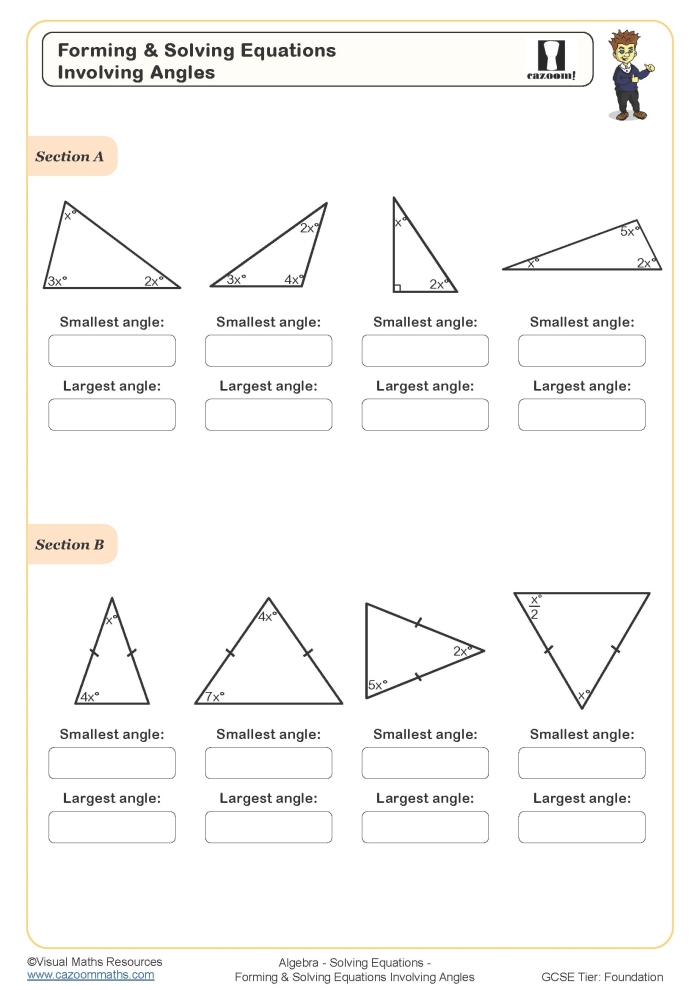 Sixth grade student solving one-variable equations on a math practice worksheet with multiple problems