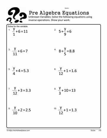 Sixth grade student solving one-variable equations on a math practice worksheet with multiple problems