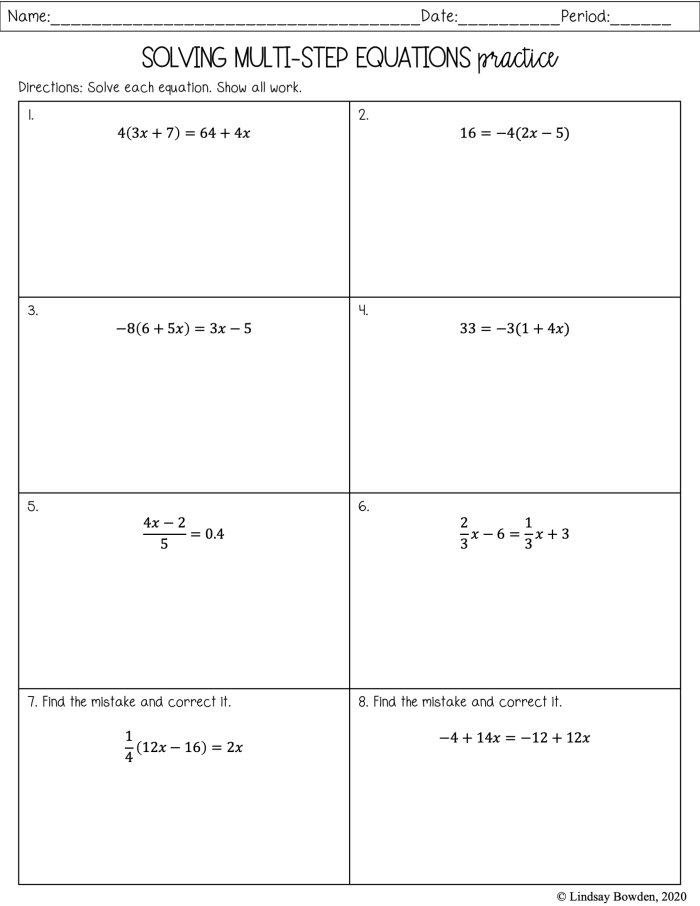 Sixth grade math worksheet for solving one-variable equations featuring practice problems