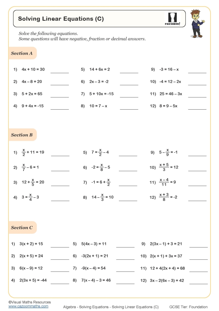 Sixth grade math worksheet focused on finding the correct solutions for one-variable equations