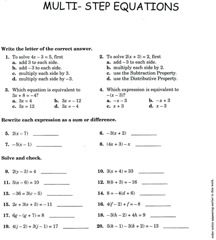 Worksheet featuring mixed operation word problems for sixth graders to practice writing and solving equations.