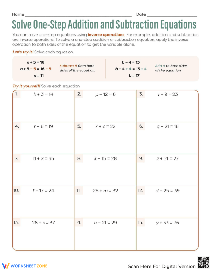 Worksheet featuring one-step addition and subtraction equations for sixth graders