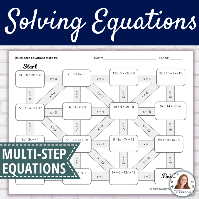 Worksheet featuring a maze for practicing one-step equations in addition, subtraction, multiplication, and division