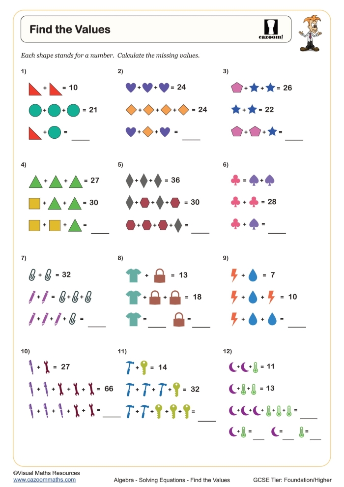 Sixth grade student solving one-variable equations on a math practice worksheet with multiple problems