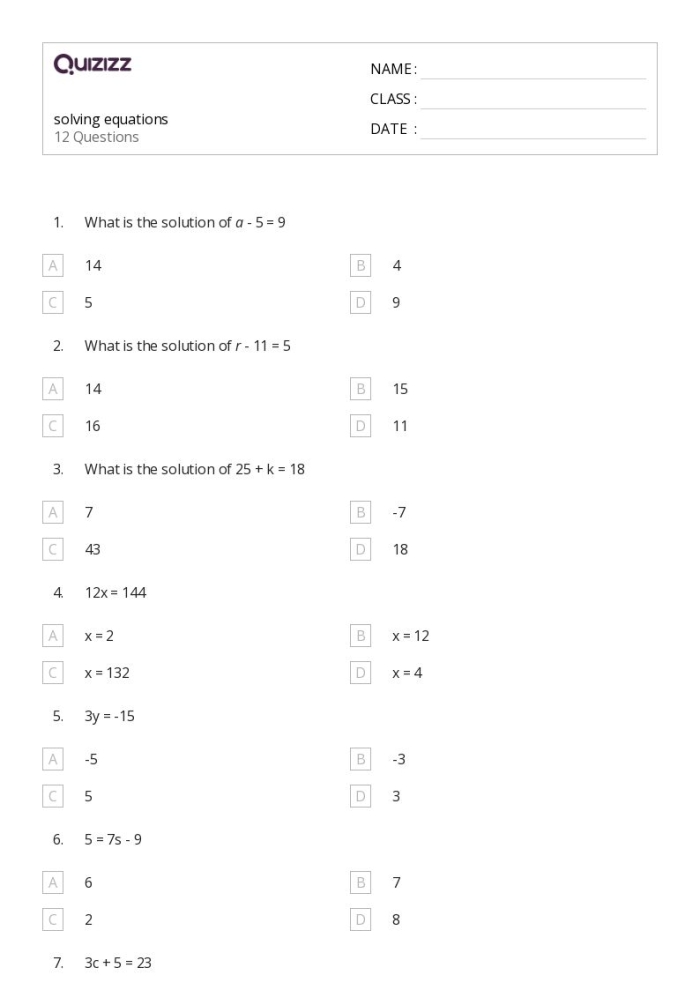 Sixth grade student solving one-variable equations on a math practice worksheet with multiple problems