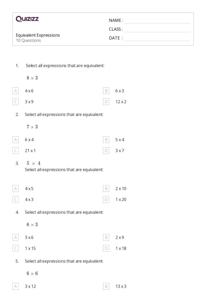Worksheet featuring a matching activity for equivalent expressions in a Time and Money context for sixth graders