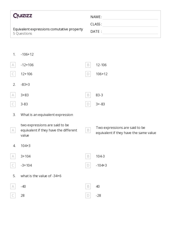 Worksheet for practicing equivalent expressions with addition and multiplication properties for sixth graders