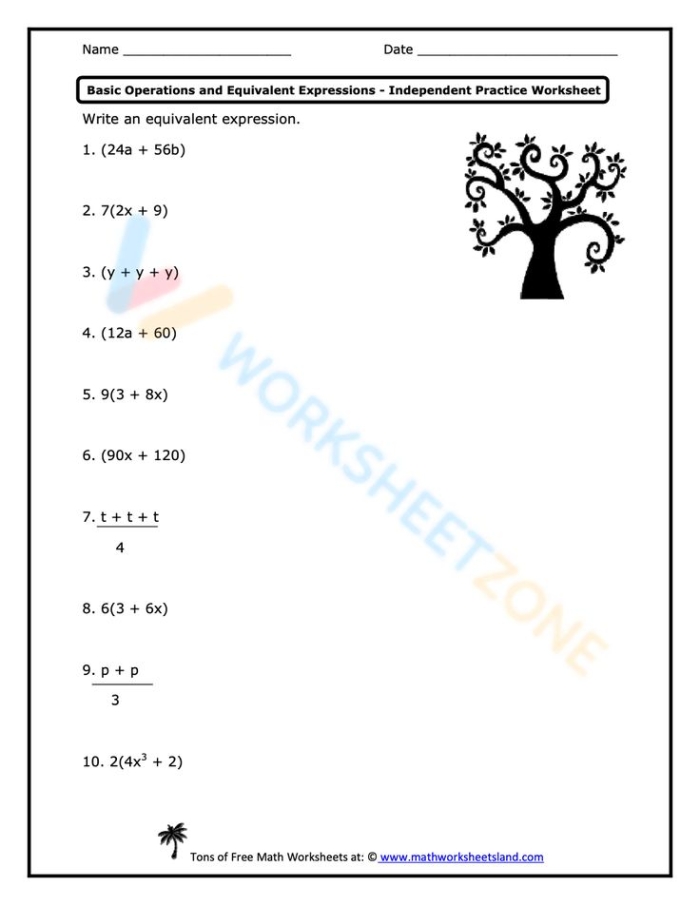 Worksheet for sixth graders to practice writing equivalent expressions with properties of addition and multiplication