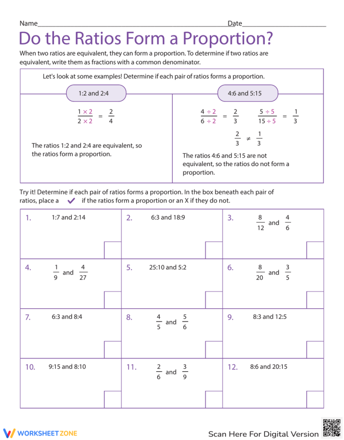 Sixth grade student working through proportion problems comparing equivalent ratios on a practice worksheet