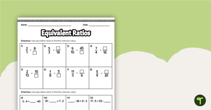 Sixth grade math worksheet for practicing equivalent ratios and proportional relationships