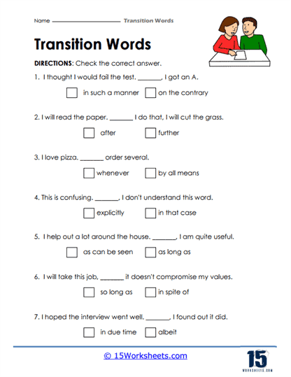 Sixth grade reference guide showing a list of transition words for improved essay flow