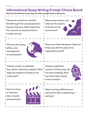 Informational Essay Choice Board Worksheet for Sixth Grade Writing Sixth grade informational essay writing prompt choice board worksheet with various essay topics