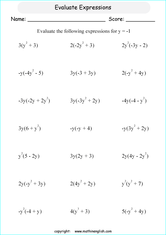 Sixth grade math worksheet for practicing how to evaluate algebraic expressions by plugging in variable values