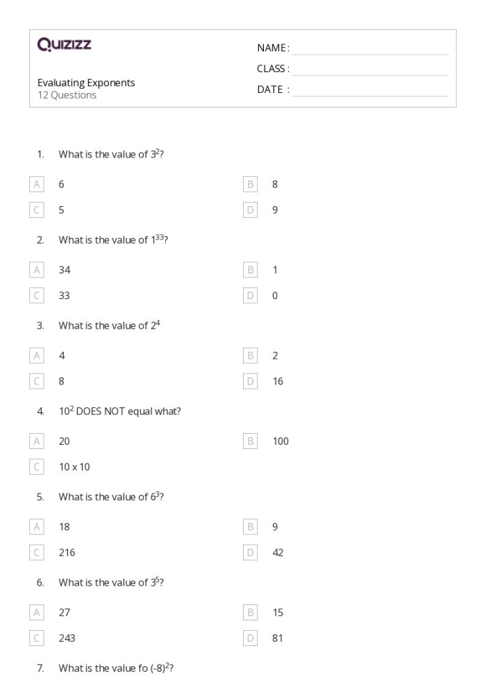 Sixth grade physical science worksheet focusing on evaluating exponent problems for tenth image