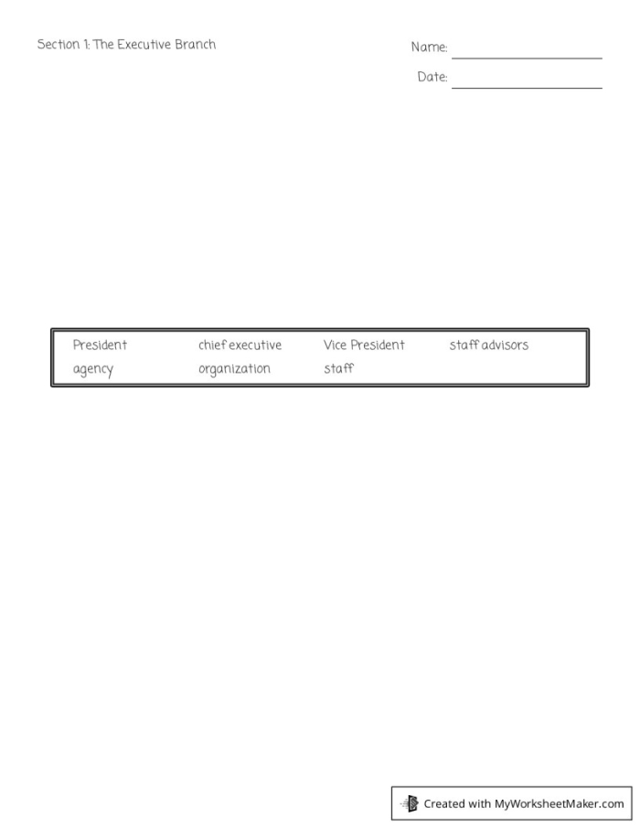 Executive Branch Federal Government Research Worksheet 18 Sixth grade graphic organizer worksheet focusing on the responsibilities of the executive branch