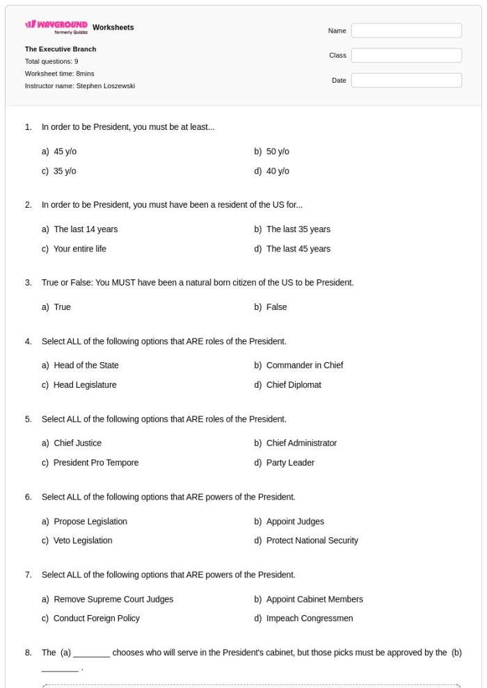 The Executive Branch Research Graphic Organizer for Grade 6 Sixth grade social studies worksheet covering the duties and structure of the executive branch