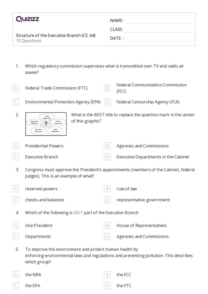 Students studying the executive departments of the United States government with a civics worksheet designed for sixth grade learning