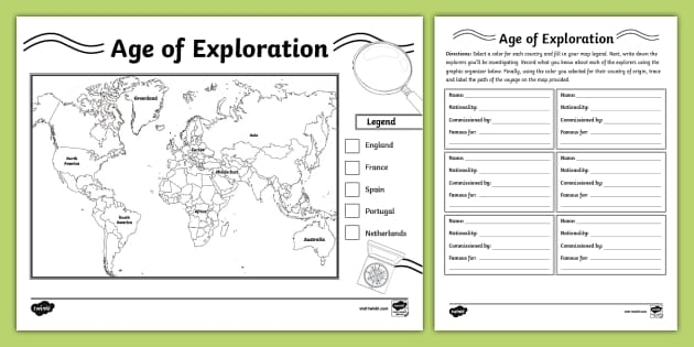 Sixth grade students completing a name that explorer worksheet activity about the Age of European Exploration