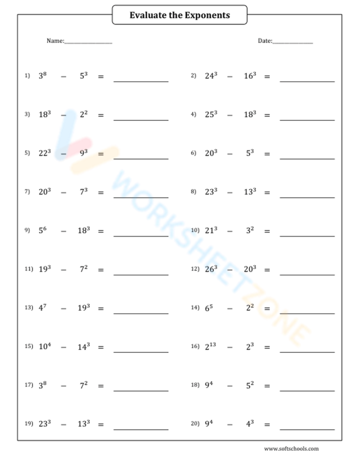 Sixth grade student solving exponent problems on a math practice worksheet with various exponential expressions