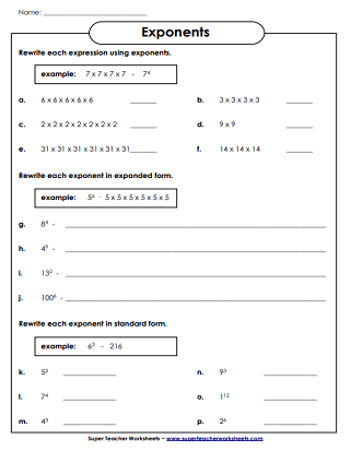 Sixth grade physical science worksheet for students to practice evaluating exponents with calculation problems