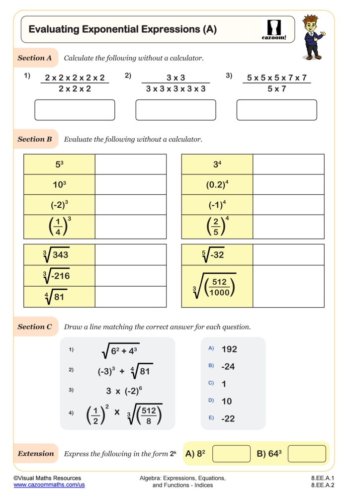 Sixth-grade student solving exponent problems on a math practice worksheet with step-by-step examples