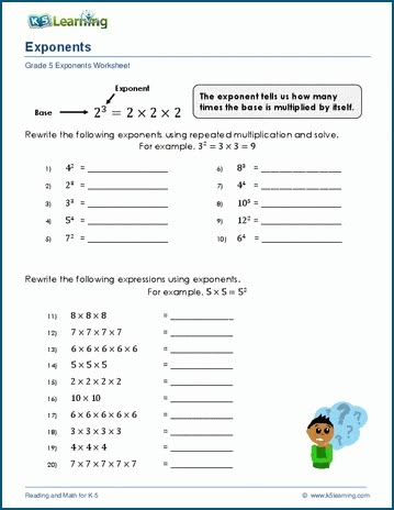 Worksheet illustrating key terms related to exponents for sixth-grade students