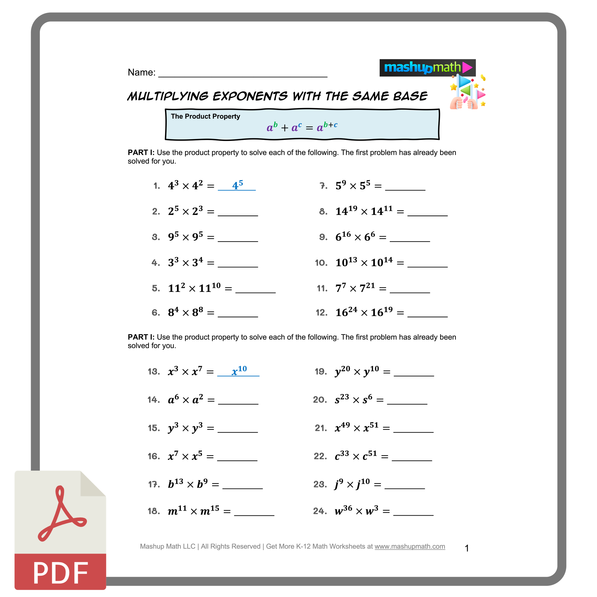 Worksheet for sixth graders on exponents and key vocabulary terms