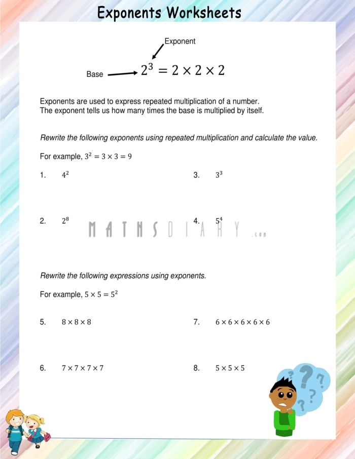 Worksheet featuring key terms related to exponents for sixth-grade students