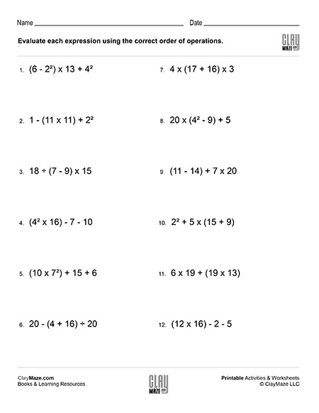 Worksheet for practicing order of operations and exponents in sixth-grade math